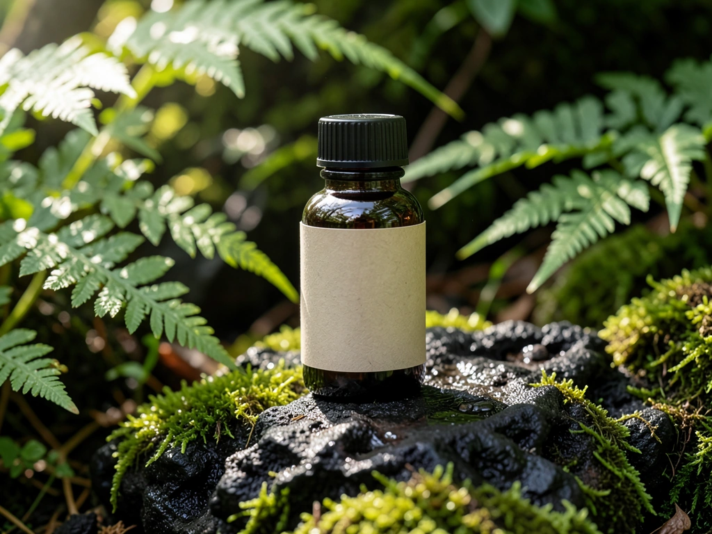Premium botanical supplement bottle on mossy volcanic rock