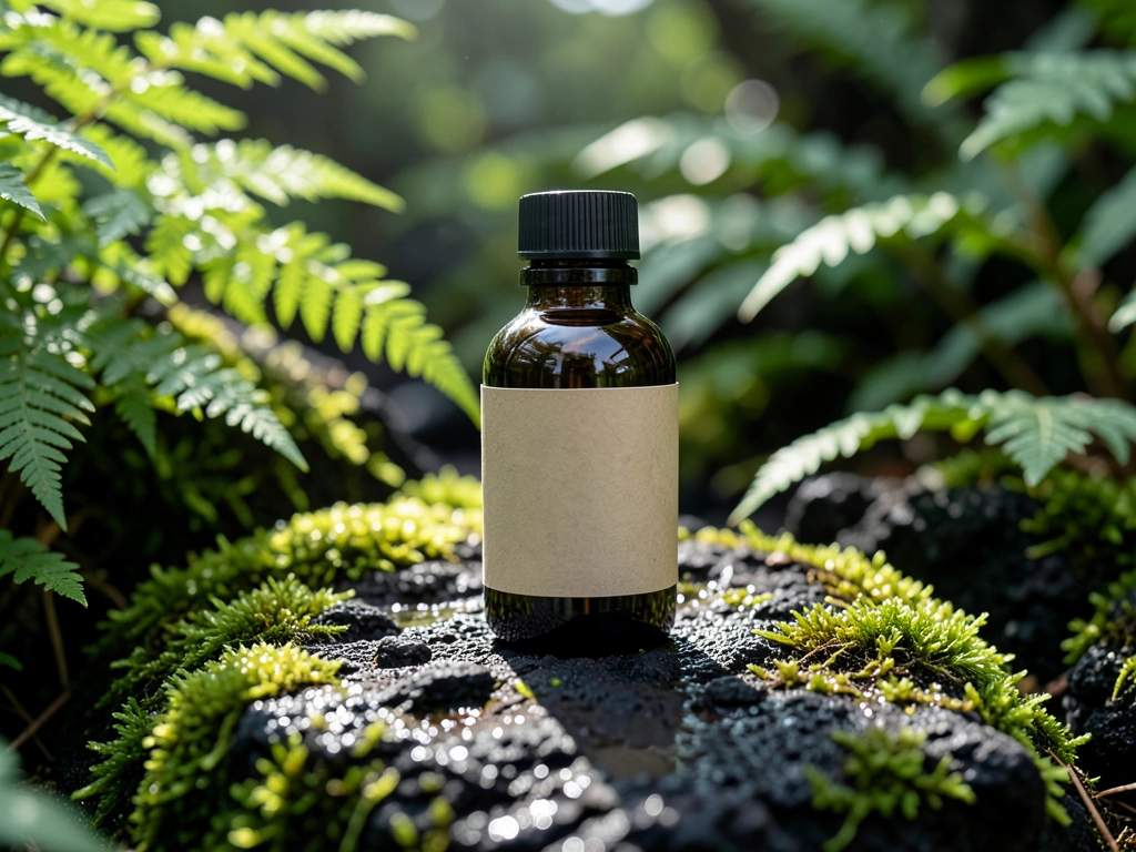 Premium botanical supplement bottle in a volcanic forest setting
